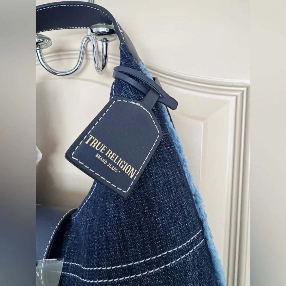 True Religion Indigo Denim Logo Hobo Bag with Silver Hardware